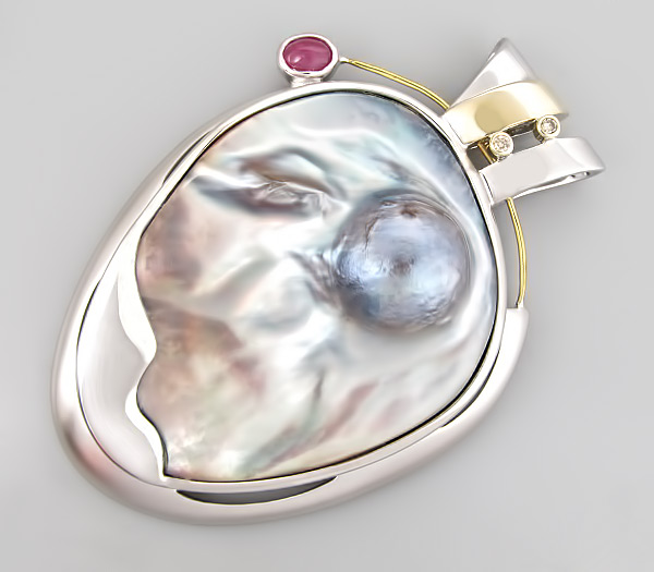Серебро 925 Кулон с пузырчатым жемугом и кабошоном пурпурного сапфира.